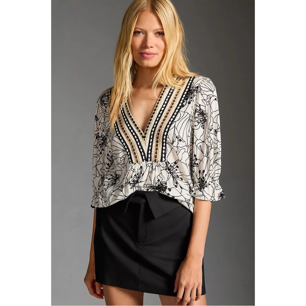 Anthropologie Bl-nk London Stephanie Top in Black & White Floral Print - Picture 2 of 11